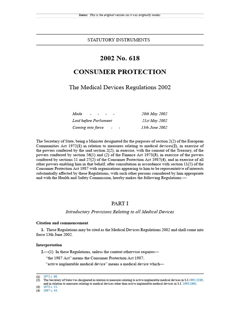 Medical Devices Regulations 2002 No. 618 (0522) PDF Medical Device