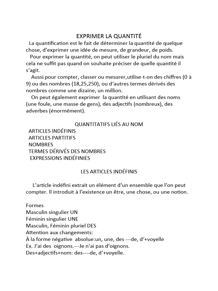 Expression de la quantité en français | PDF | Nombre grammatical ...