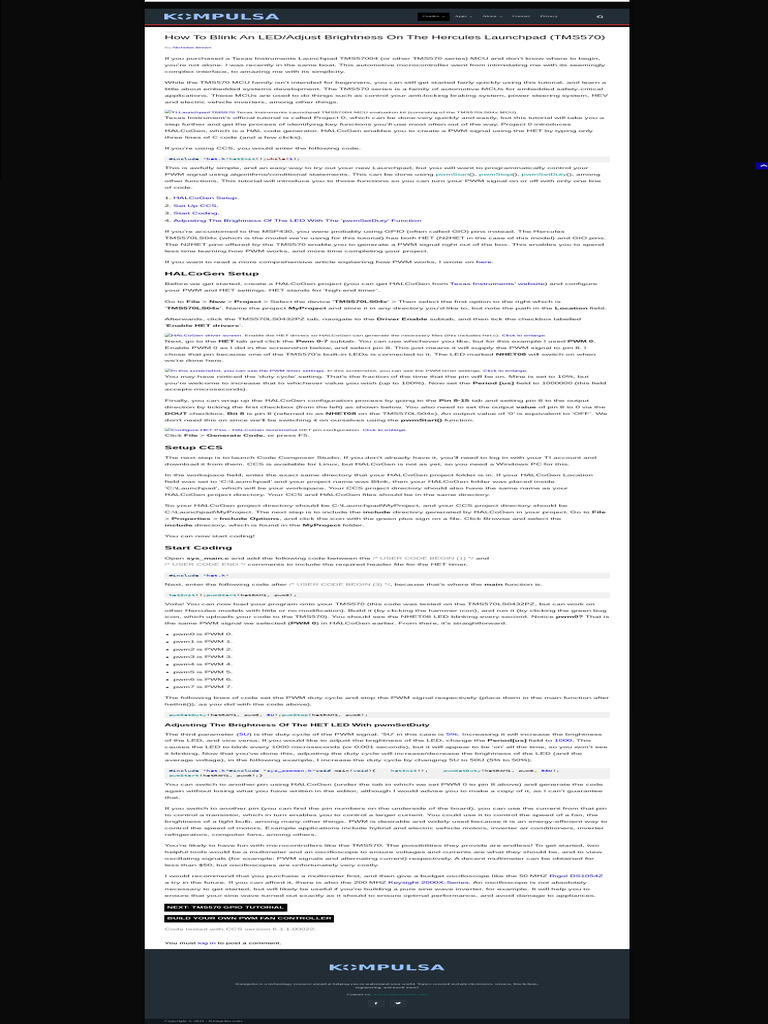 Blink An Led Adjust Its Brightness On The Hercules Tms570