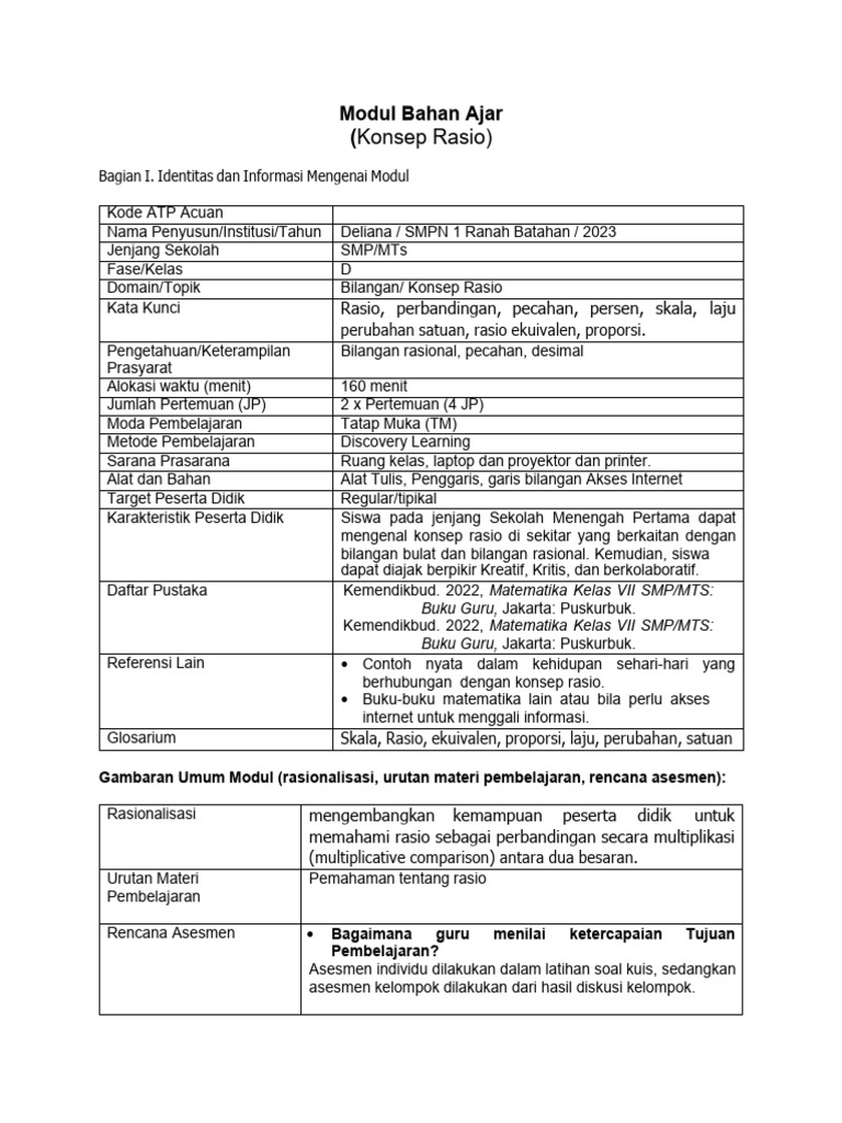 Modul Pembelajaran Konsep Rasio SMP | PDF