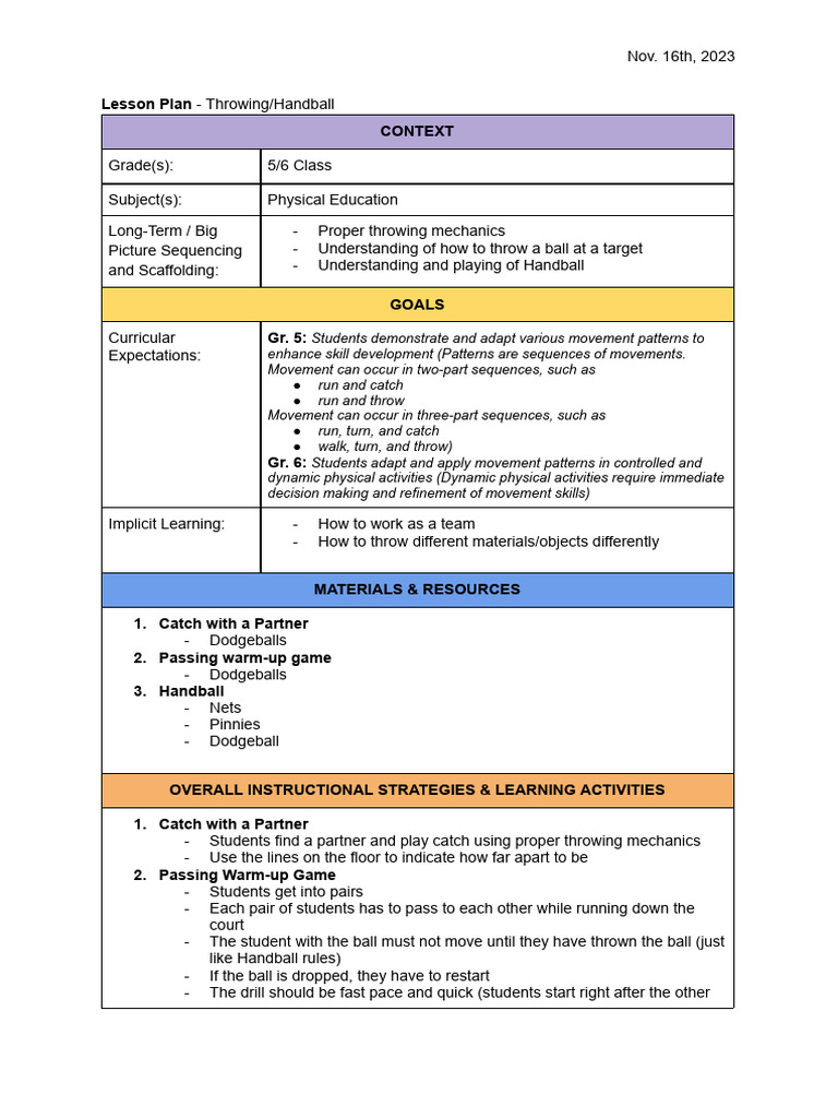 Handball Lesson Plan PDF Lesson Plan Behavior Modification