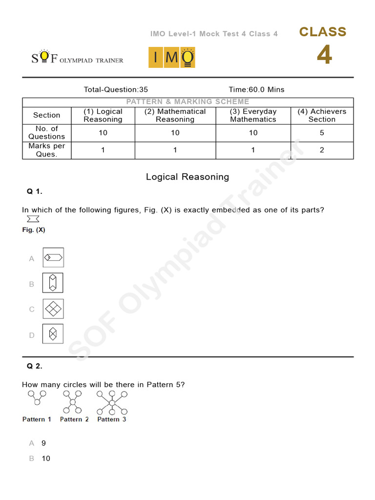 Class 4 IMO Mock Test Answers | PDF