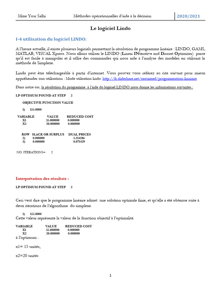 Utilisation du logiciel LINDO en PL | PDF | Optimisation linéaire ...