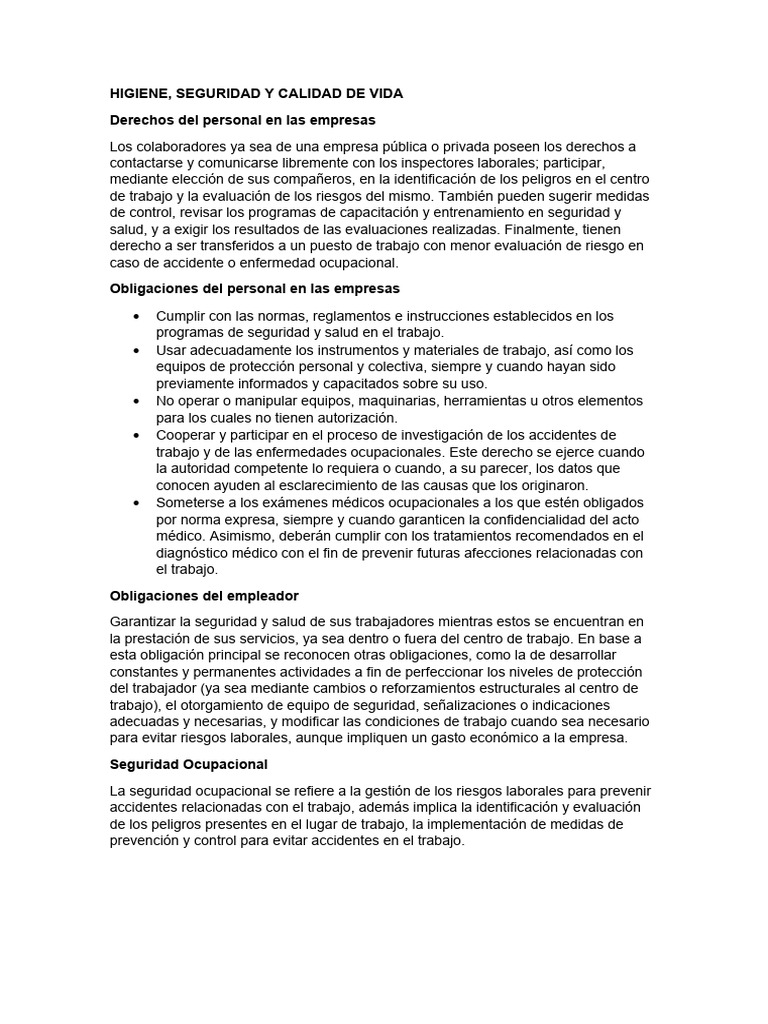 Higiene Seguridad y Calidad de Vida | PDF | Seguridad y salud ...