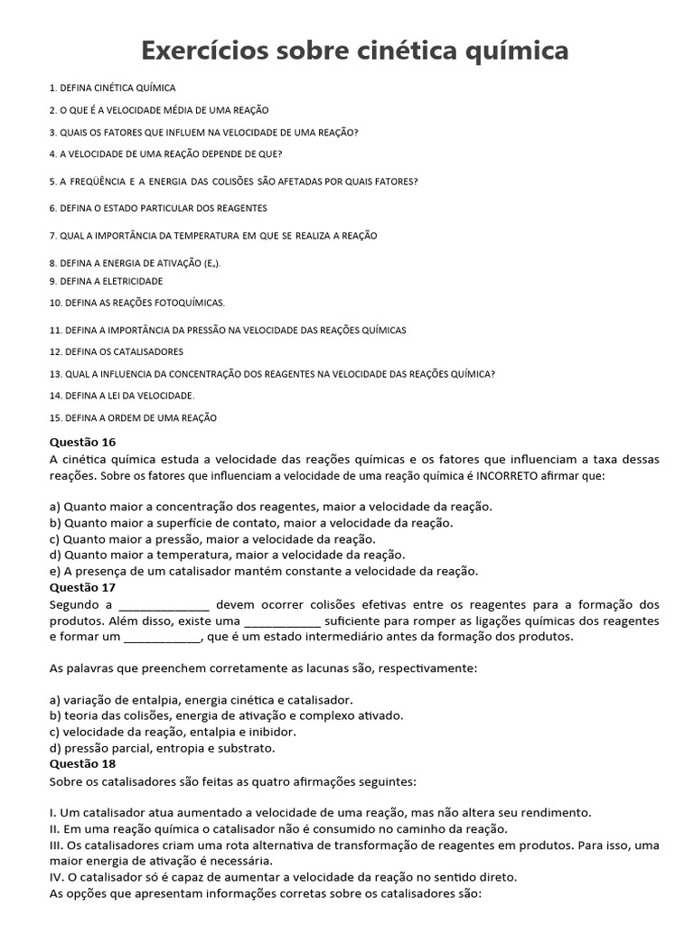 Exercicio Teórico de Cinética Química | PDF | Equilíbrio químico ...