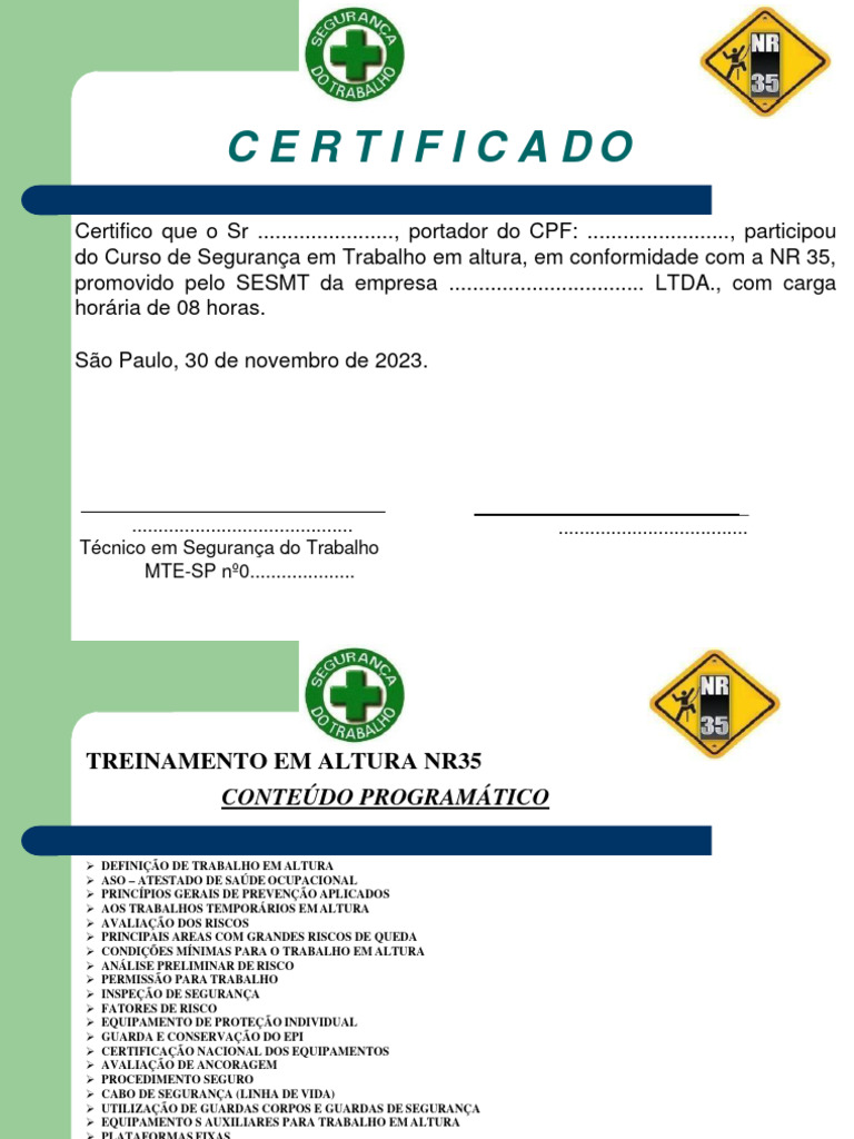 Certificado de Treinamento NR 35 em Altura | PDF
