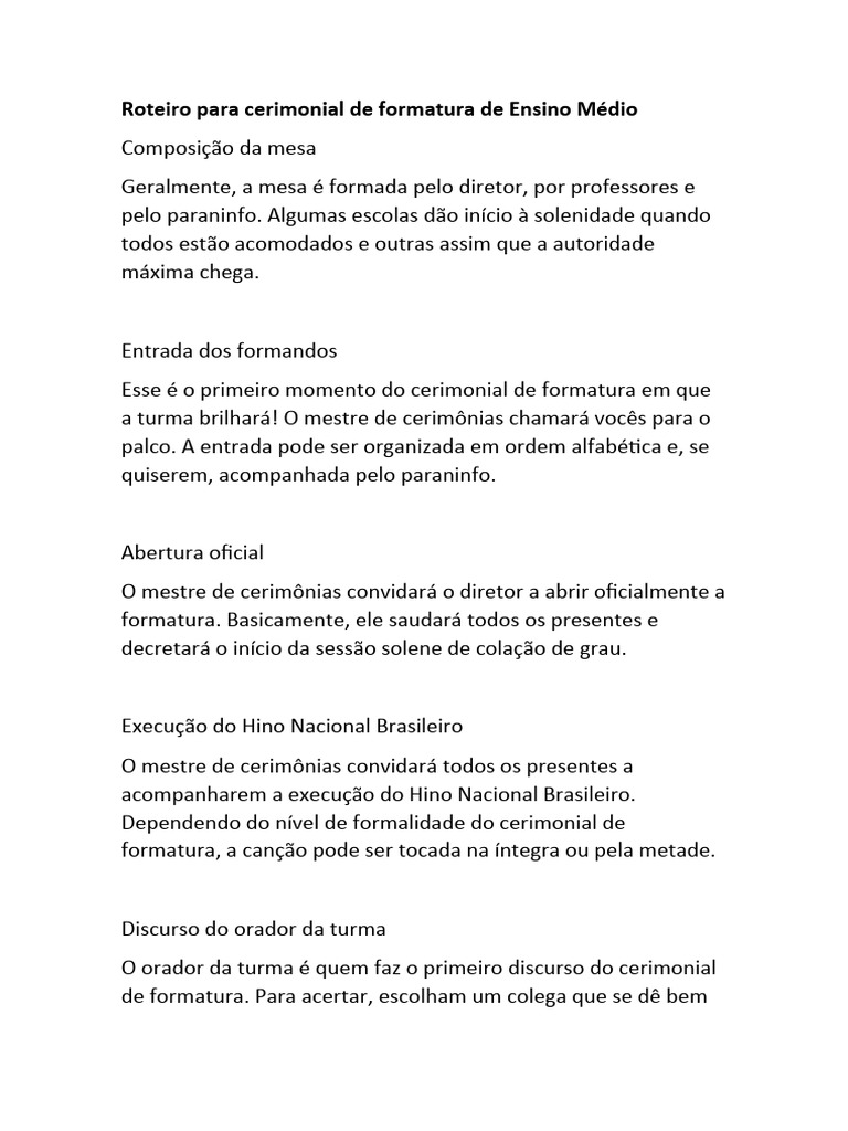 Roteiro Para Cerimonial de Formatura de Ensino Médio | PDF