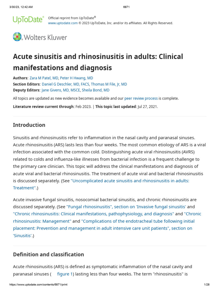 Up To Date Acute Sinusitis And Rhinosinusitis Pdf Headache