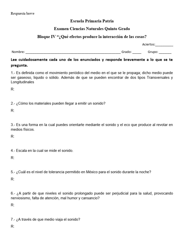 Examen Ciencias Naturales Quinto Grado Respuesta Breve PDF