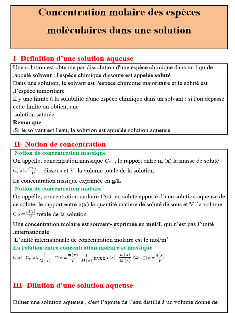Concentration Molaire en Solutions Aqueuses | PDF | Concentration ...