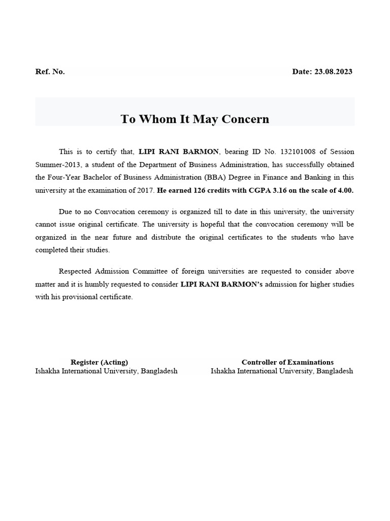 MOI Certificate Request for Admission | PDF
