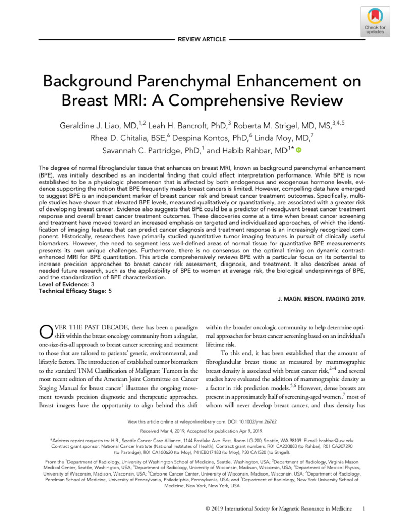 Background Parenchymal Enhancement in Breast Mri PDF Breast Cancer
