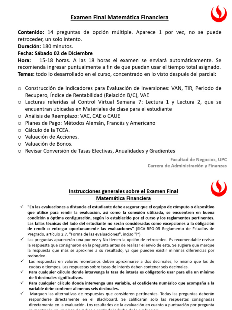 Indicaciones Examen Final Matematica Financiera 2023-2 | PDF | Finanzas ...