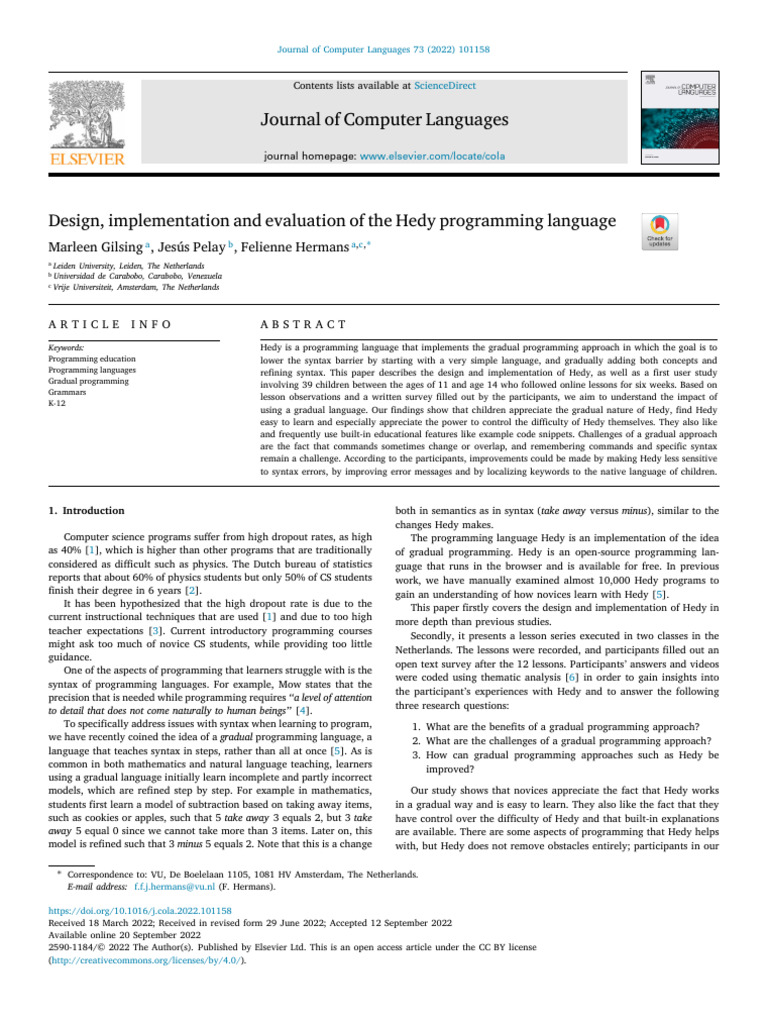 (A) - Design, Implementation and Evaluation of The Hedy Programming ...