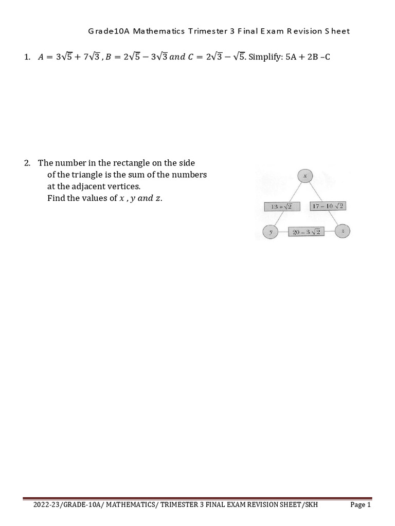 Grade-10A Trimester-3 Final Exam Revision Sheet TTT | PDF | Numbers ...