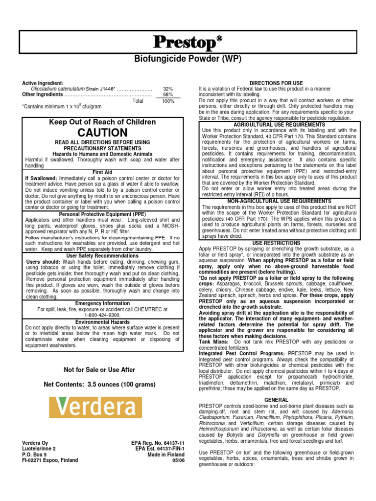 Prestop Label Usa 052006 | PDF | Vegetables | Pump