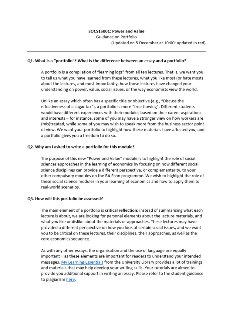 Portfolio Guidance Pdf Lecture Economics