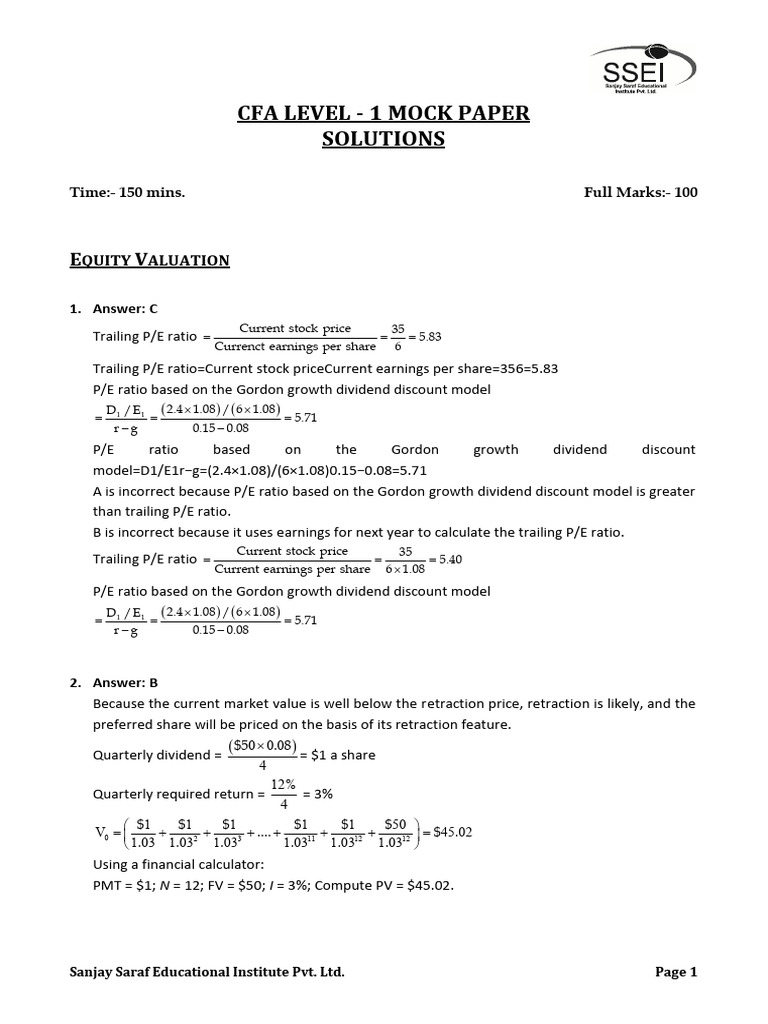 CFA Level 1 Mock Paper Solutions | PDF | Cost Of Capital | Exchange ...