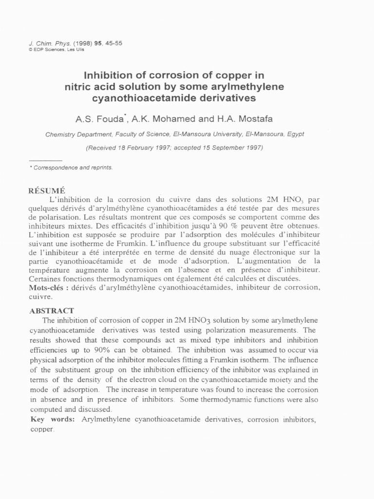 Inhibition of Corrosion of Copper in Nit | PDF | Physique appliquée et ...