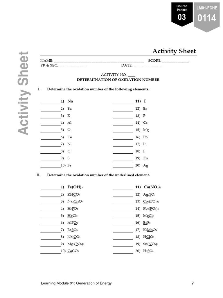Electrochemistry Activity Sheet Download Free PDF Redox Chemistry