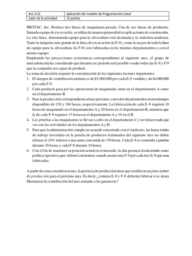 Act.3 U2. Aplicación Del Modelo de PL (Metodo Simplex y Grafico) | PDF ...