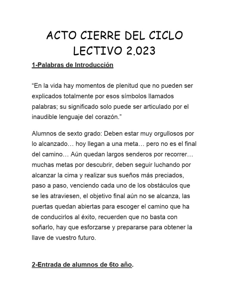 Palabras de Cierre del Ciclo Escolar 2023 | PDF