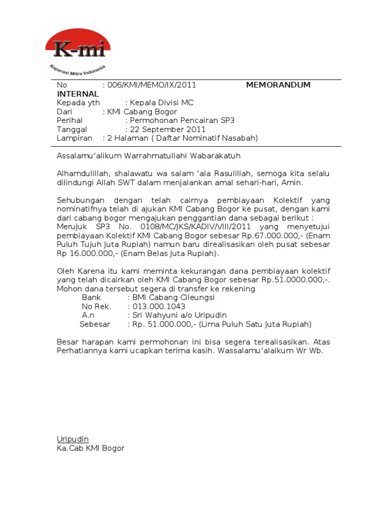 Contoh Surat Internal Memo Pengajuan - IMAGESEE