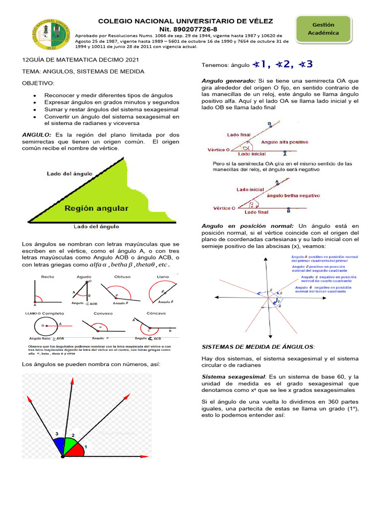 12guía de Matematicas Grado Décimo 2021 | PDF | Sustracción | Ángulo