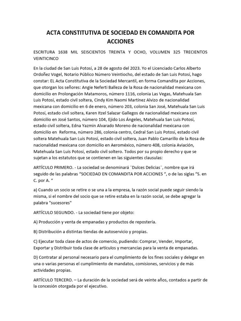 Ejemplo De Acta Constitutiva De Comandita Simple Ejemplo Sencillo/actas ...