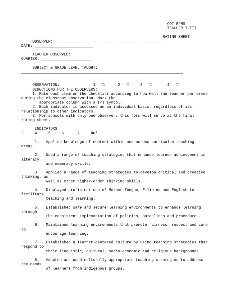Appendix C 03 COT RPMS Rating Sheet For T I III For SY 2023 2024 | PDF ...