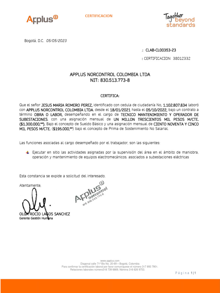 Certificación Laboral Applus Norcontrol | PDF