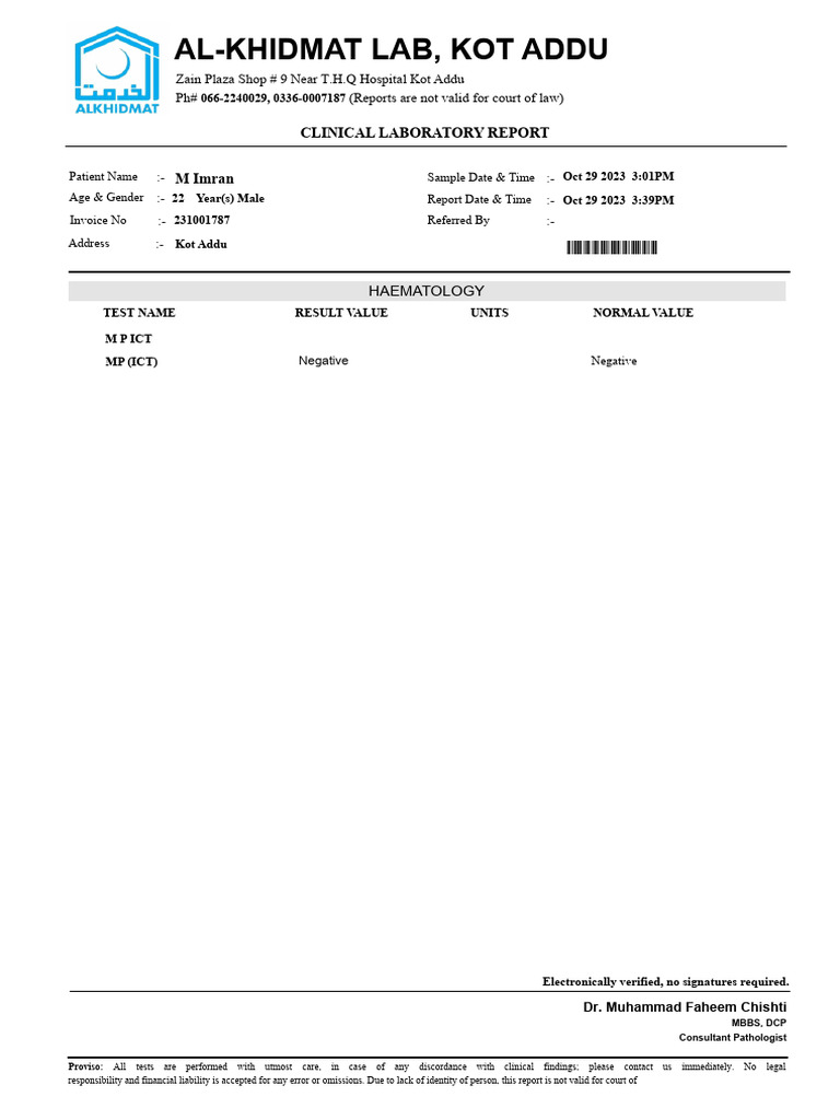 AlKhidmat Lab, Kot Addu Clinical Laboratory Report M Imran PDF
