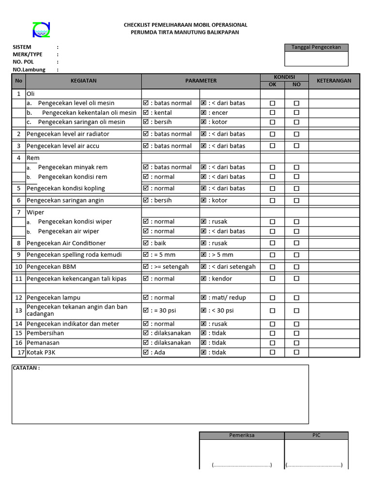 Checklist Pemeliharaan Mobil Operasional | PDF | Teknologi & Rekayasa