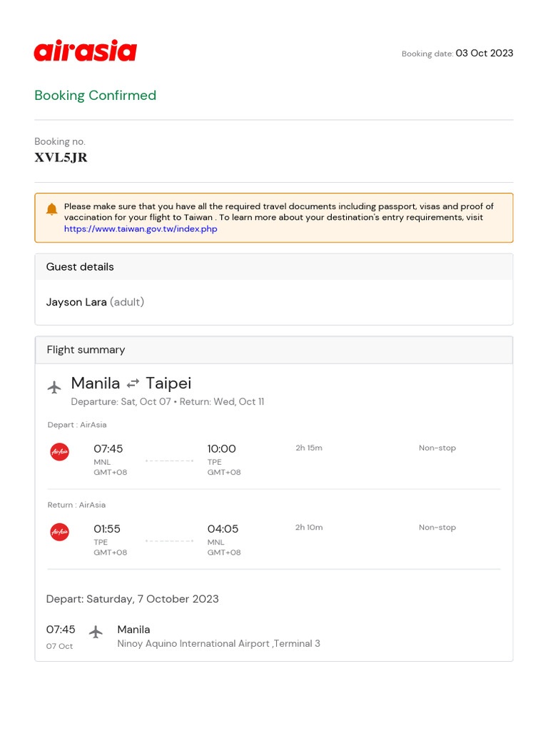 AirAsia Booking Confirmation: Manila to Taipei | PDF