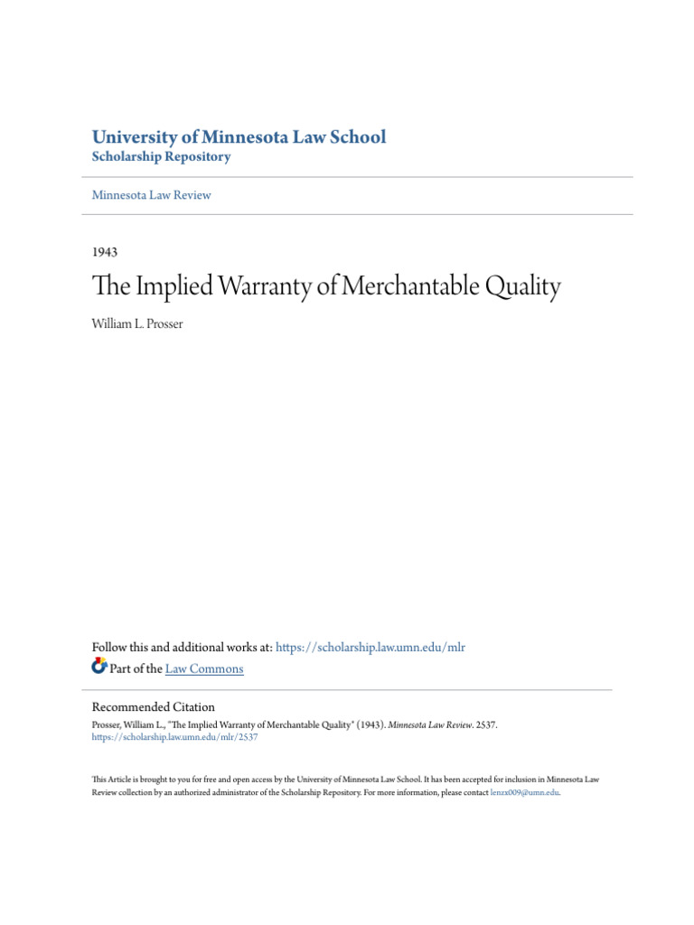 The Implied Warranty of Merchantable Quality University of Minnesota