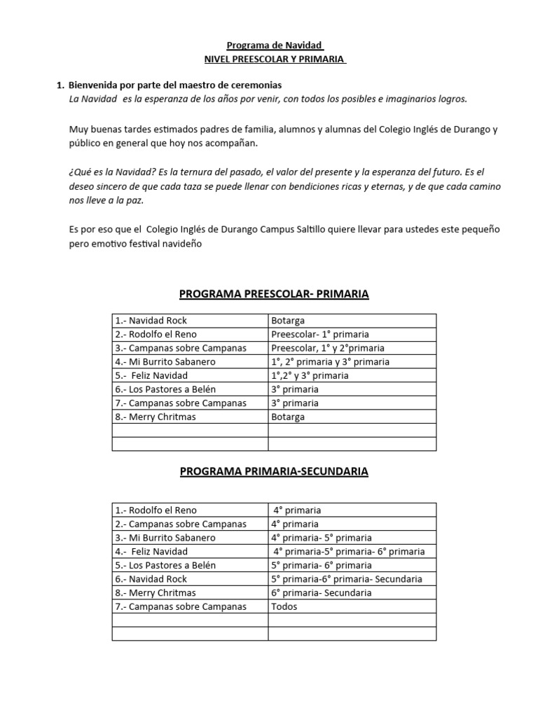 Programa del Festival Navideño Escolar | PDF | Cocina, comidas y vino ...