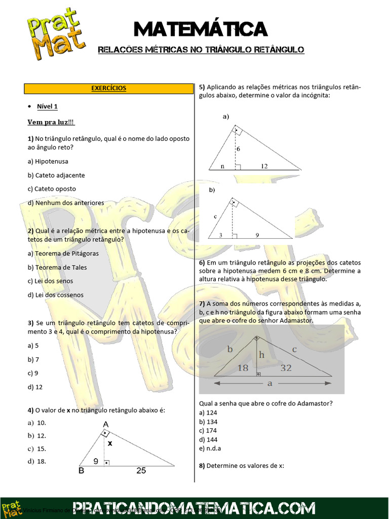 Exercícios de Relações Métricas 9º Ano | PDF | Triângulo | Círculo