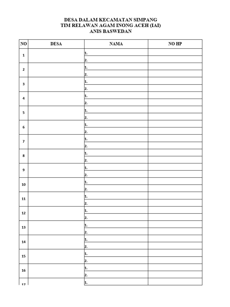 Data Relawan Desa Simpang | PDF