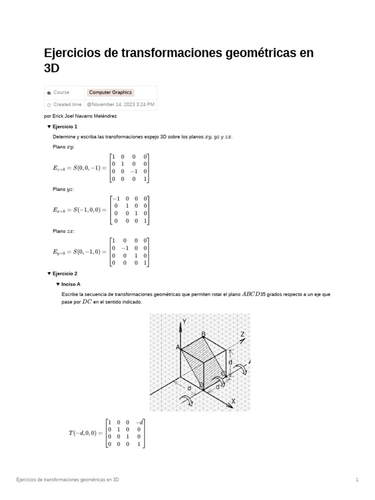 Ejercicios de Transformaciones 3D | PDF | Rotación | Teoría de la matriz