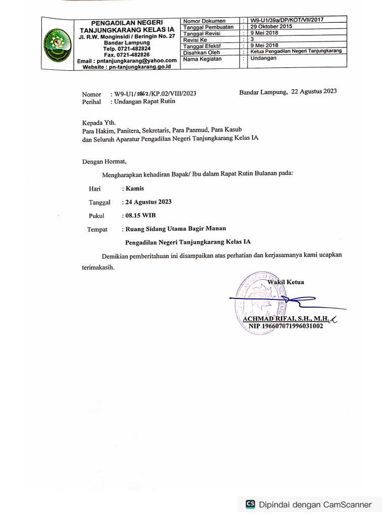 Undangan Rapat Bulanan. | PDF