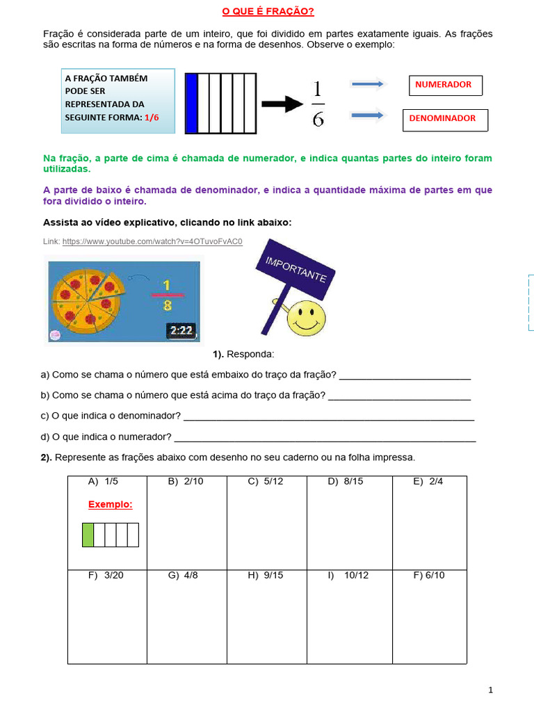 Frações para o 4º Ano: Conceitos e Exercícios | PDF | Matemática ...