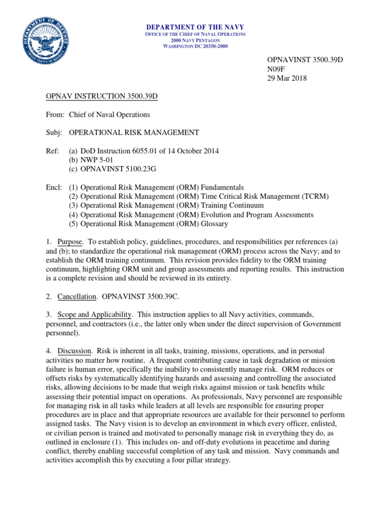 OPNAVINST 3500.39D: ORM Guidelines | PDF | Risk | Risk Assessment