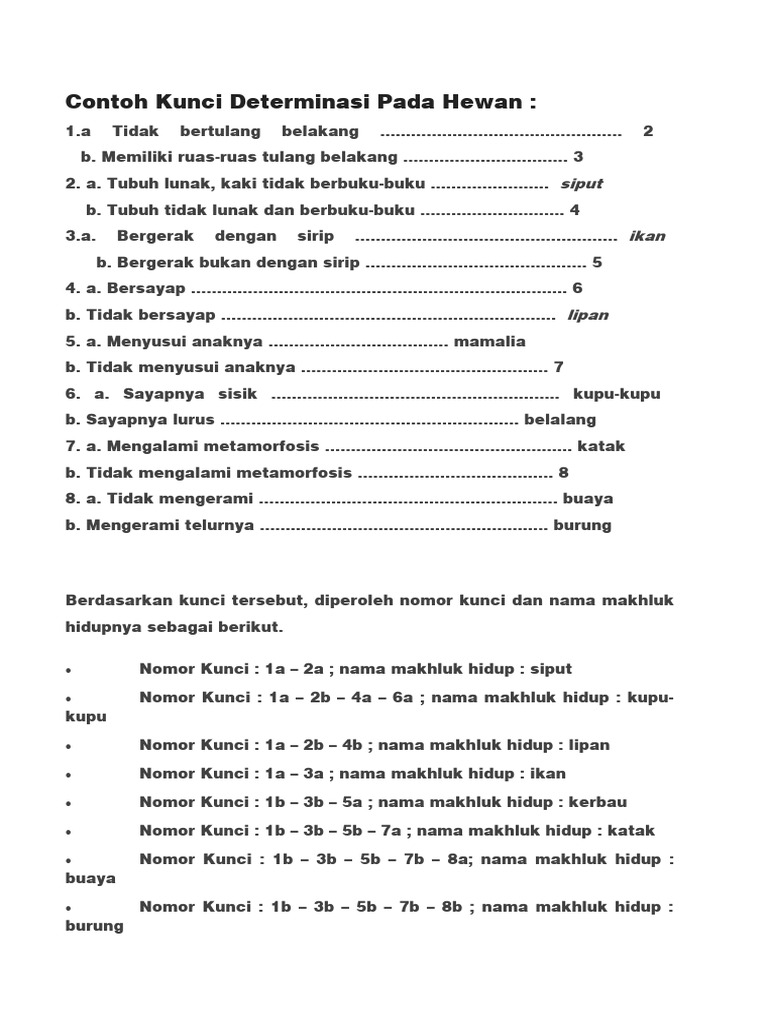 Contoh Kunci Determinasi Pada Hewan PDF