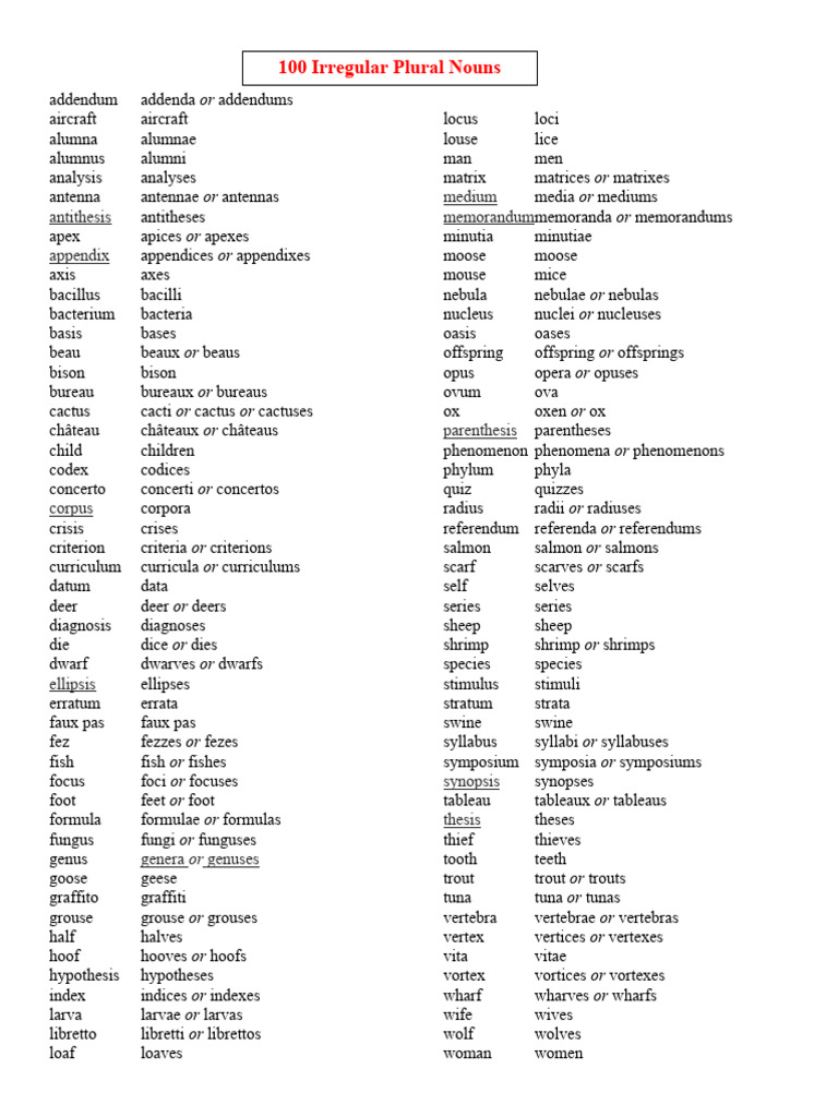 100 Irregular Plural Nouns Pdf