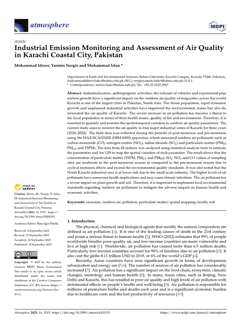 Industrial Emission Monitoring and Assessment of Air Quality in Karachi ...