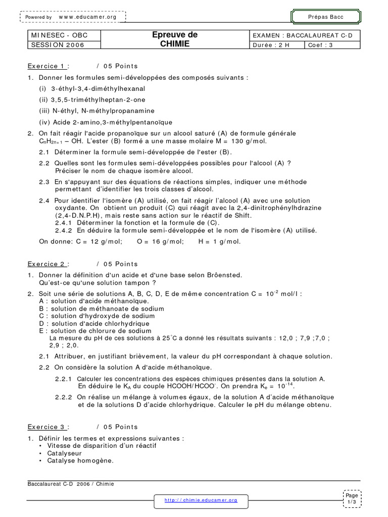 Corrigé Bac 2006 : Chimie C-D | PDF | Acide | Ph