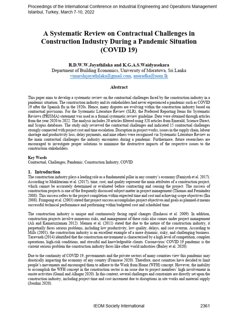 A Systematic Review On Contractual Challenges in Construction Industry ...