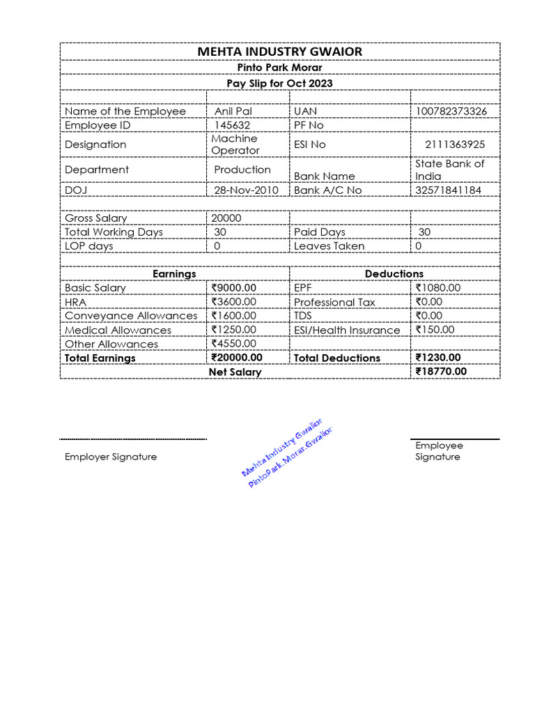 Salary Slip Format for ₹20000 | PDF