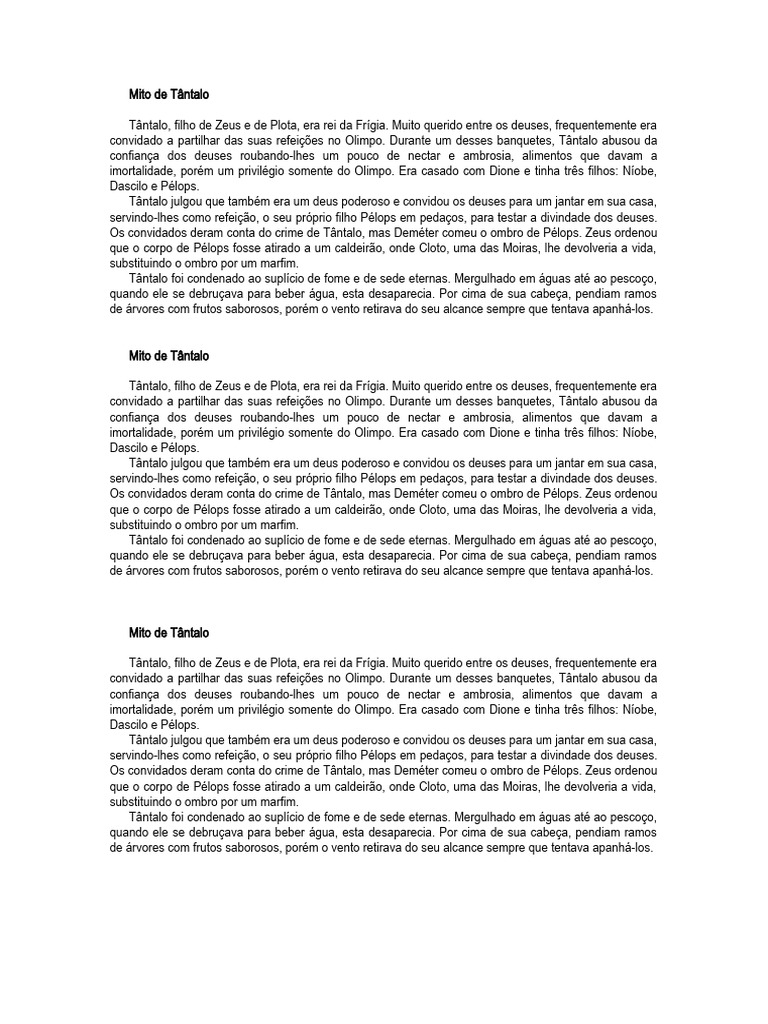 O Suplício de Tântalo na Mitologia | PDF | Zeus | Divindade
