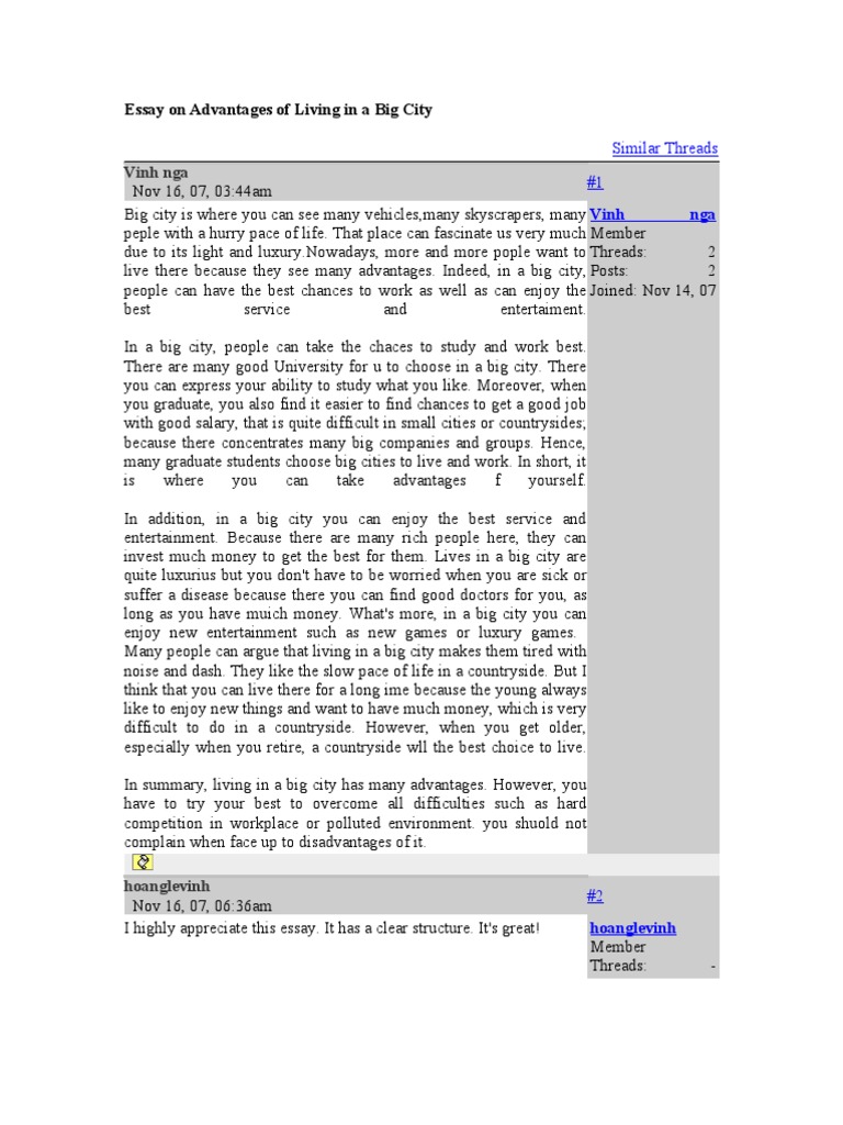 Essay on life in a large city advantages and disadvantages